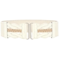 Cream elastic wide waist belt with light brown woven detail and silver metal buckle - White