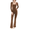Brown long sleeve jumpsuit with square neck flared legs and 3D floral shoulder detail - S / Light Brown