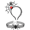 Close-up of Halloween headband and choker set with spider web and red rose details - 8# Fiber Spider Red Flower Set