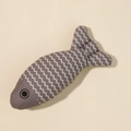 Gray fish-shaped plush cat toy with white wave patterns and simulated eye detail - Linen Fish Grey
