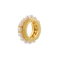Detail shot of the golden textured metal band with embedded white pearls on the edge - Embossed Pearl Ring (VZ403) / Gold