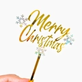 Detailed view of golden acrylic Merry Christmas cake topper with iridescent snowflakes - Iridescent Snowflake Merry Christmas