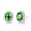 Oval cut green gemstone stud earrings with a sparkling diamond halo set in S925 silver - Green Diamond Earrings Tz-16