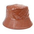 Glossy dark brown faux leather bucket hat with multi-row stitching and reflective finish - One Size(58cm) / Coffee