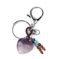 Amethyst heart pendant keychain with colorful chakra beads and silver-tone ring - Amethyst (Multi-Color Chakra Beads)