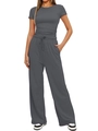 Detail of soft knit texture on dark grey short sleeve top and drawstring wide leg trousers - S / Dark Gray