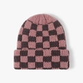 Pink and brown checkerboard pattern knitted beanie with a cuffed brim and warm texture - Deep Pink & Coffee Checkerboard (23B031)