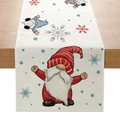Christmas table runner with gnome print on beige polyester fabric for festive dining decor - 33cmx180cm / ZQ16-3 (Christmas Gnomes)