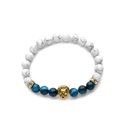 White marble and blue tiger eye beaded bracelet with a golden lion head charm - White Turquoise & Peacock Blue Tiger Eye