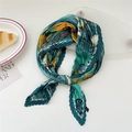 Pleated square scarf in deep teal with yellow abstract prints and silk-like texture - Classic Beauty Art