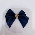 Dark blue satin bow hair accessory with a square amber crystal and micro-pave details - Navy Blue