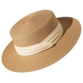 Klassischer flacher Strohhut in Naturbraun mit dekorativem cremefarbenem Stoffband - Kaffee Breite Krempe Beige Dreifachband