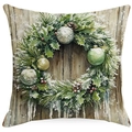 Christmas wreath cushion cover with green ornaments and pine cones on wood texture - YMD15-16 (Wood Grain Wreath)