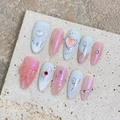 Handmade press-on nails set with 3D bows and iridescent pink heart designs - Extra Small (XS) / Style 1774 Medium Almond
