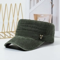 Distressed army green flat top military cap with a vintage metal emblem on the side - Army Green