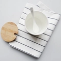 Minimalist white ceramic bowl and spoon set on a blue striped waffle linen tea towel - 40*60cm / White with Black Fine Stripes
