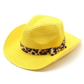 Detail of yellow straw cowboy hat featuring a leopard print band and side bow decoration - M (56-58cm) / Yellow