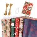 Vintage Christmas kraft wrapping paper set with ribbons and reindeer stickers - Set 3