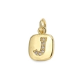 Macro detail of gold plated square pendant with inlaid zircon letter J and bail ring - Letter J