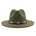 Detail of olive green fedora with decorative gold shell and metallic braided belt - Army Green