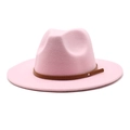 Detailed view of pink wide brim fedora hat featuring a brown faux leather band detail - M (56-58cm) / Pink