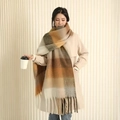 Brown beige and grey checkered scarf with tassels for winter warmth soft mohair style - White Khaki Coffee Mix