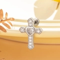 Silver cross screw earring with heart-shaped zircon and clear stones on metal studs - White (A233-1)
