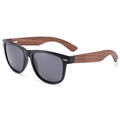 Classic oval matte black sunglasses with natural walnut wood arms and polarized lenses - Walnut Wood Temple Matte Black Frame Full Grey Lens