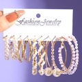 6-piece gold and pearl earring set with leopard print and geometric hoop designs - Gold Woven Artificial Pearl Elegant Set (5604201)