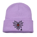 Lilac knit beanie with spider web heart embroidery and a hanging black spider detail - M (56-58cm) / Purple