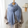 Close-up of soft blue houndstooth pattern texture and fringe detail on warm scarf - 210cmX70cm (Including Tassels) / Blue