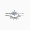 Blue opal flower ring set with pearls and zircons in silver minimalist stackable design - Daisy Opal 2-Piece Set / Silver