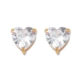Golden heart-shaped stud earrings with sparkling clear cubic zirconia stones - Earrings-Clear