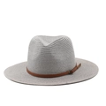 Gray straw fedora hat with brown leather band and metal buckle for summer sun protection - Gray