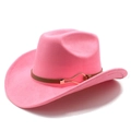 Detailed shot of pink felt cowboy hat with brown leather band and gold buckle detail - M(56-59CM) / Hot Pink
