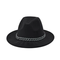 Detail shot of a black wool fedora featuring a decorative dark grey chunky metal chain - Black(18)