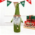 Waldgrüne Weihnachts-Wichtel Weinflaschenhülle mit grauem Bart und Holzknöpfen - 2-teiliges Set / Grün