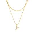 Double-layered gold stainless steel necklace with sparkling rhinestone letter Y pendant - Gold-Letter Y