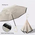 Double-layer inverted umbrella in beige with C-shaped handle and black UV coating - Wutong Beige (Vinyl Coating) - Automatic Inverted