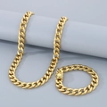 Golden stainless steel jewelry set featuring a Figaro chain necklace and matching bracelet - 13mm Width - Bracelet 21cm / Gold
