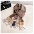 Brown beige and light grey 100% wool scarf with fringe and color block design - G0303 Coffee