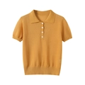 Minimalist ginger yellow knit polo shirt for women with classic collar and buttons - S / Ginger Yellow