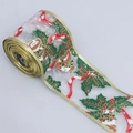 Ruban de Noël en organza avec bordure dorée, motifs de feuilles de houx et baies - Feuilles de Houx Bord Doré / 6.5cm Large / 10 Yards