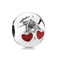 Silver bead charm featuring red enamel heart cherries and silver leaf details - Red Heart Cherry (Silver Bead)