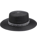 Elegante cappello paglia nero a cima piatta con fascia di strass e logo M in argento - M(56-58cm) / Nero (JX-431222)