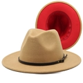 Detail of khaki fedora hat featuring a bold red lining and black leather decorative belt - M (56-58cm) / Camel + Red