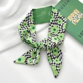 Green silk twilly scarf with floral and checkerboard patterns for hair or bags - Checkerboard Small Floral