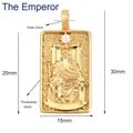 Macro shot of copper zircon tarot card pendant with The Emperor relief and size dimensions - 2. The Emperor
