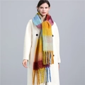 Close-up of rainbow plaid scarf with thick tassels and soft faux cashmere texture - Rainbow Large Plaid (WJ137-13)