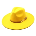 Detail of a yellow wool felt fedora featuring a brown leather band and golden metal buckle - M (56-58cm) / Yellow
